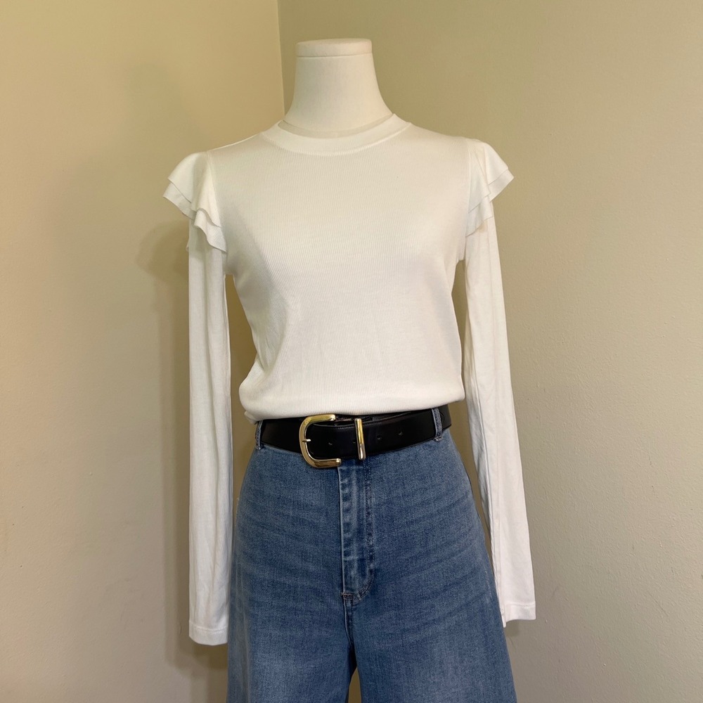 Gap Rib Tee White Ruffle Shoulder Long Sleeve Top Small Petite
